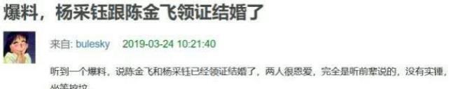 杨采钰与刘亦菲干爹陈金飞领证结婚？女方曾捍卫爱情怒骂网友